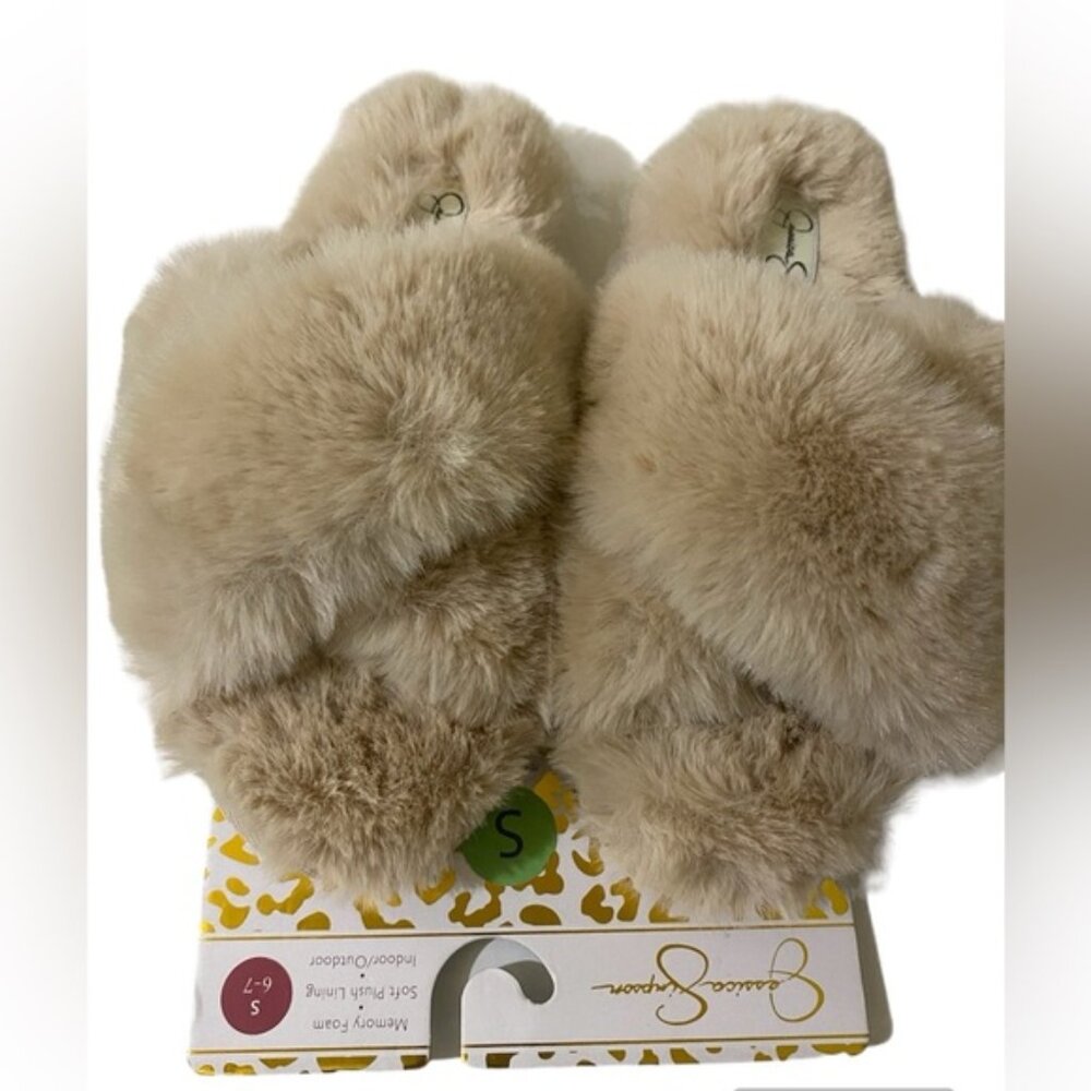 Plush Lining Cross Band Slide Slipper Indoor Outdoor Memory Foam In Camel SZ 6-7